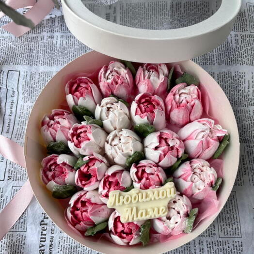 Букет из зефира в коробке, тюльпаны из зефира «Любимой маме» бабушке