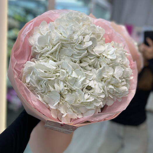 Букет белых гортензий в нежно розовой упаковке
