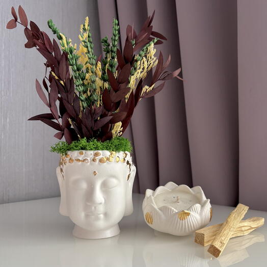 Подарочный набор: Кашпо Будда с сухоцветами, свеча лотос и Пало Cанто