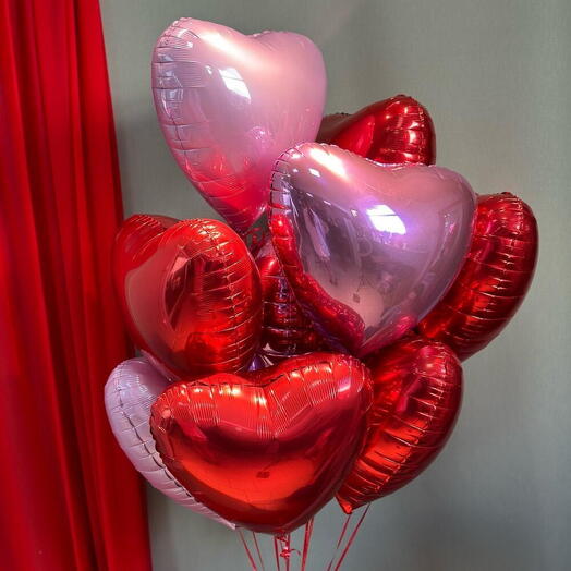 9 фольгированных шаров сердца розовые и красные