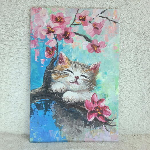 Картина на холсте "Котик с цветами"
20х30 см