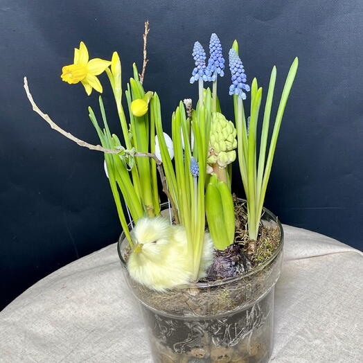 Композиция в стеклянном кашпо с гиацинтами, нарциссами, мускари и пасхальным декором