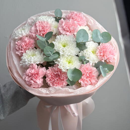 🌸Нежный зефирный букет/ хризантема, диантусы и эвкалипт / Доставка в уфе