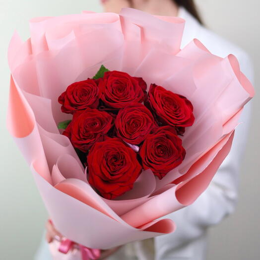 7 насыщенных бордовых роз 60 см💐