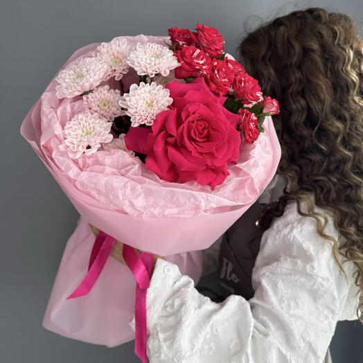 Авторский букет💓 Французская роза Фул Монти, Хризантема Кустовая, Роза Кустовая
