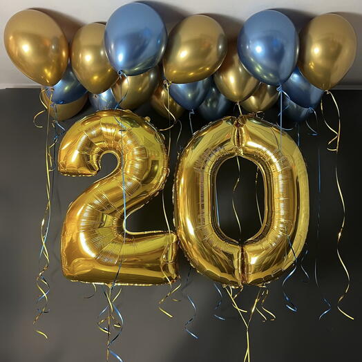 Цифры золото и 20 шаров, золото хром и синие