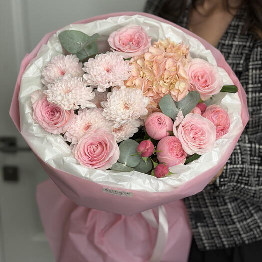 💖Букет «Зефирка» в оформлении Bloom room, хризантема, роза, гортензия