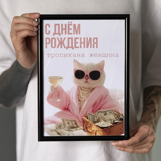 Постер в рамке на день рождения мем поздравительный с кошечкой