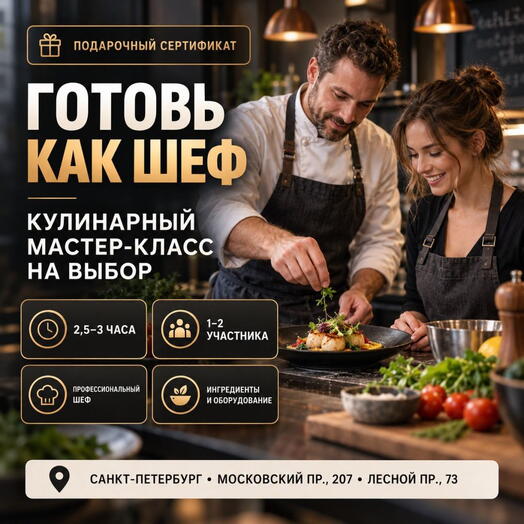 Подарочный сертификат «Кулинарный мастер-класс на выбор» (2,5-3 часа, 1 человек)