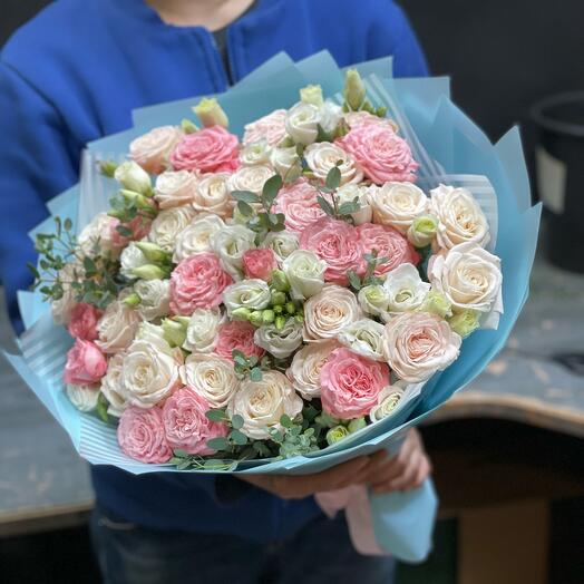 Bouquet of peony roses and eustoma