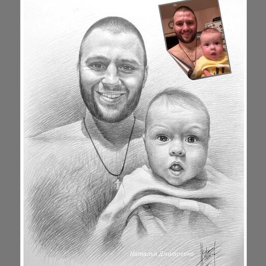 Портрет по фото карандашом 2 человека 30*40 см в раме