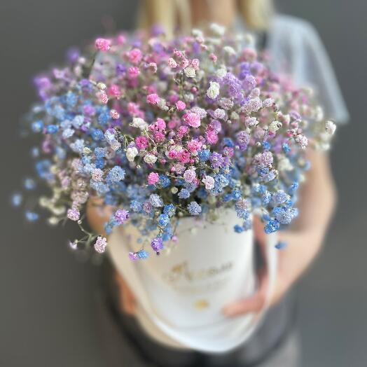 Multicolored gypsophila in a hatbox