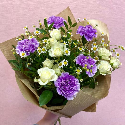 Bouquet with carnations and bush roses