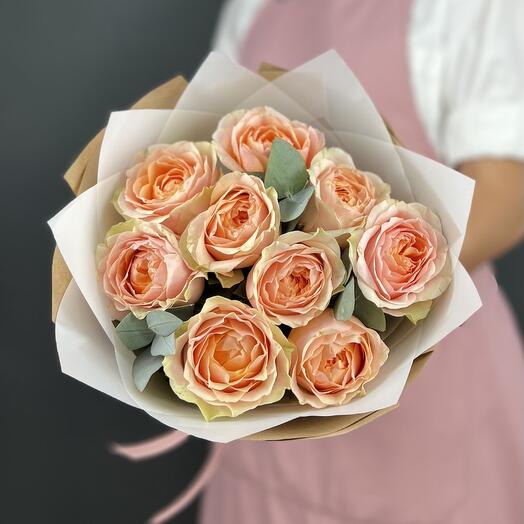 Bouquet of roses. Peach peony-shaped Roses 9 pieces and Eucalyptus