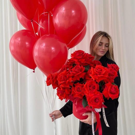 Flowers in a box and balloons