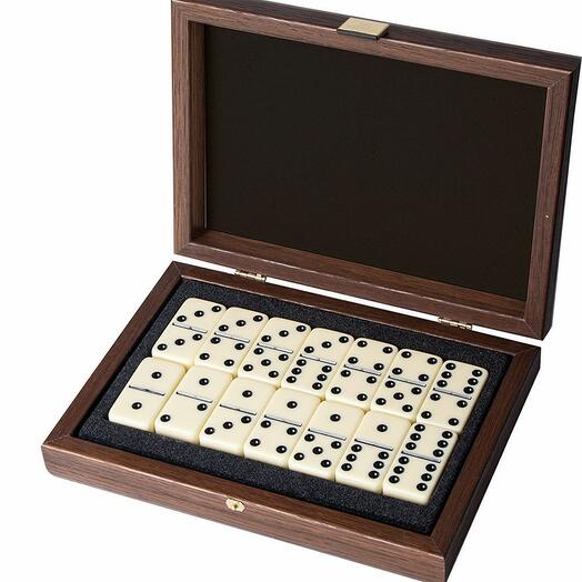 Dominoes 5.2x2.7x1cm in a wooden case made of dark gray leatherette