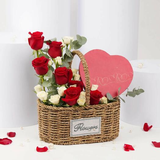 Roses Basket with Heart Shape Chocolate Box