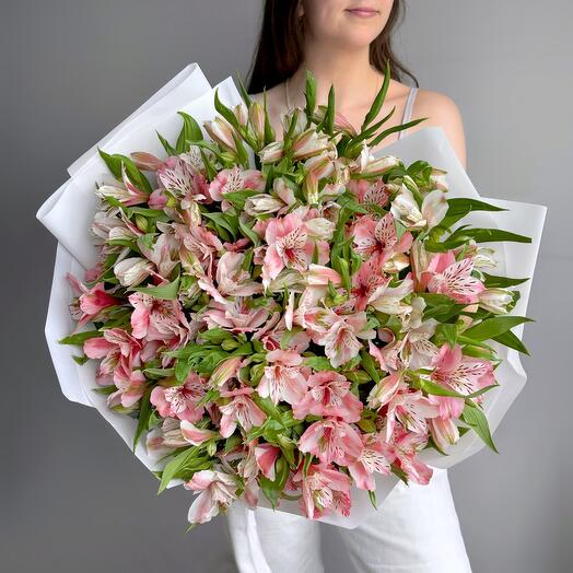 Большой нежный букет розовая альстромерия