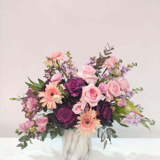 Grandiore Pink, Pink, and Purple Mix Flowers in Marble Vase - Elegant Floral Arrangement