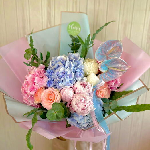 The Happy Bouquet of hydrangeas, roses and anthuriums