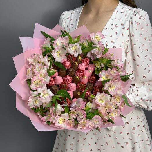 Букет из клубники в шоколаде 36 шт и розовой альстромерии Великолепный Gorgeous