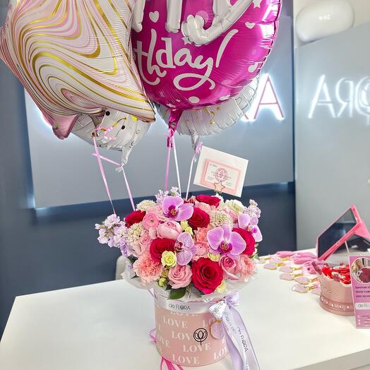 Flowers in a box + balloon set