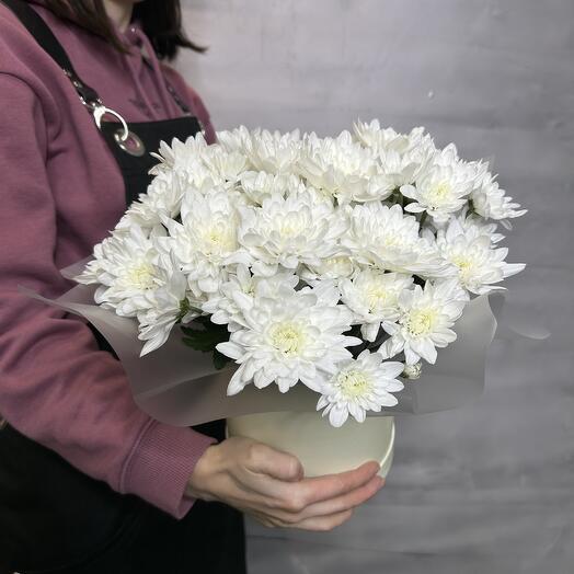 Коробочка с белыми кустовыми хризантемами