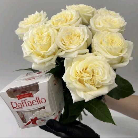🔥комбо🔥9 пионовидных роз и сладкий десерт raffaello
