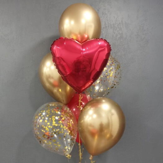 Набор воздушных Шаров гелий 7 шт золото, сердце красный. Set of helium balloons 7 pcs gold, red heart