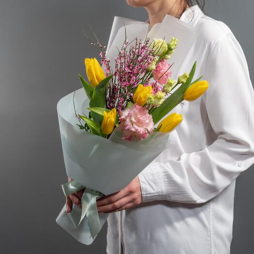 Bouquet of tulips and eustoma "Spring morning"
