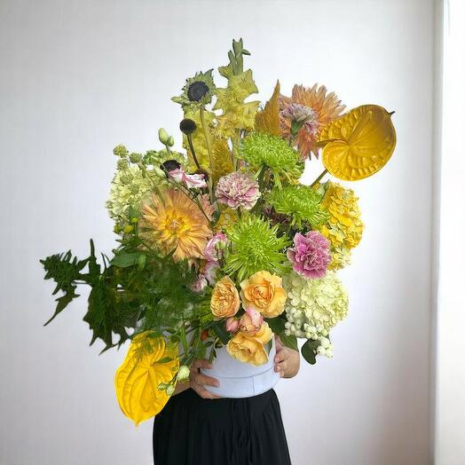 Lemon Box – Bright Hydrangea, Sunflower, and Anthurium Floral Arrangement in a Luxury White Box