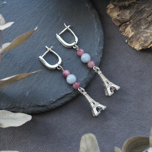 Серьги с ангелитом и розовым турмалином