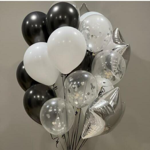 Большая связка из микса шаров: чёрные шары, белые, прозрачные, серебро
