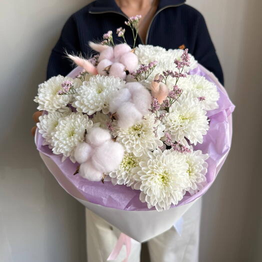 Пышный Лавандовый Букет с Хризантемой и Сухоцветами на | Хризантема кустовая, Лимониум, Сухоцветы, Хлопок