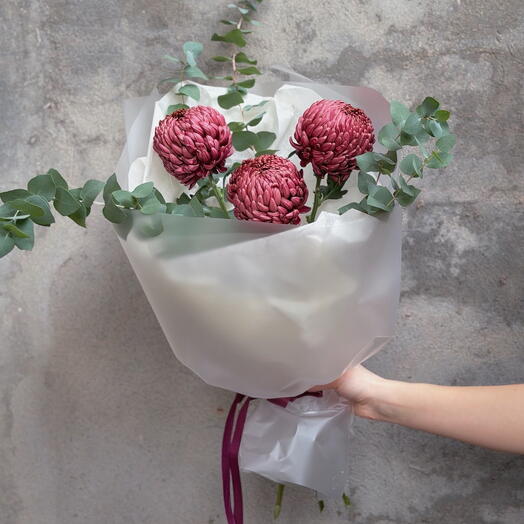 Букет «Бордо» из хризантем бигуди и эвкалипта