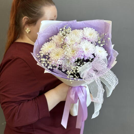 Дуобукет лиловый 💜 Хризантема и гипсофила