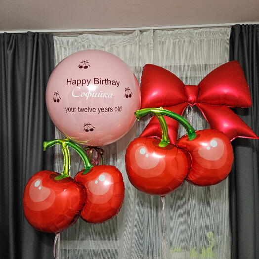 Набор шаров вишни,вишенка,вишня , бант красный сатин, гигант для нее,дочки, девочки, девушки-4шара