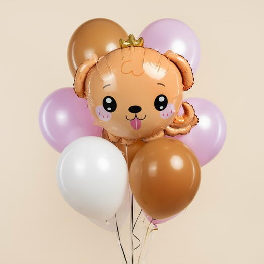 Связка из гелиевых шаров Собачка коричневая с короной