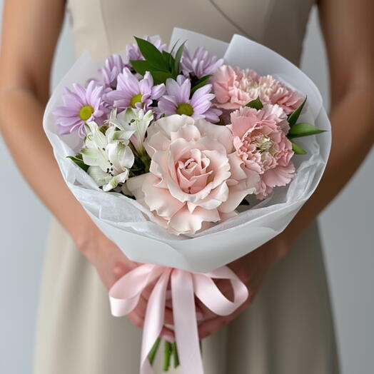 Букет Французская роза, альстромерия, хризантема и диантусы с Рускус ом🌸