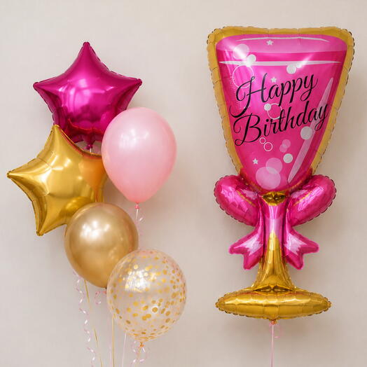 Композиция шаров «Happy Birthday» с бокалом