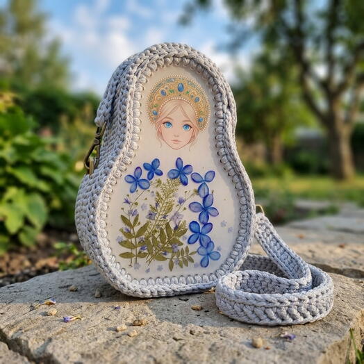 Вязаная сумка с боковинками из эпоксидной смолы Матрешка (голубая)