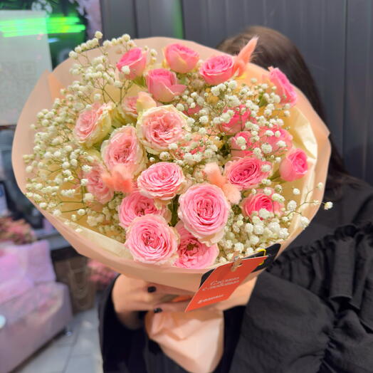 Розовые пион премиум кустовые розы 🌸 гипсофила и сухоцветы «Soft Girl Cloud» ☁️🌸🌾