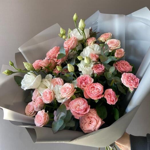 Bouquet of rose bushes and eustoma for her