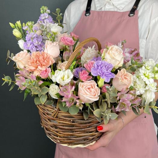 Author's bouquet of cream Roses and purple Dianthuses with Mattiola