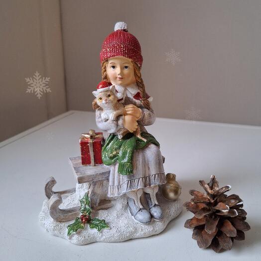 Фигурка новогодняя. Девочка с кошкой на саночках ❄️