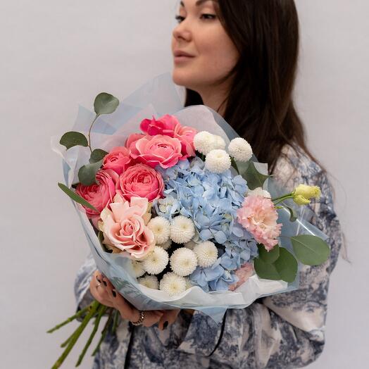 Bouquet Blue hydrangea Eustoma and Rose bush