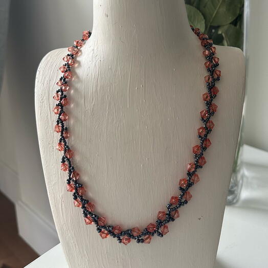 Orange Bicone and Metallic Dark Blue Seed Beaded Necklace