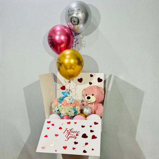 Ramo de flores estabilizadas con juguete suave y globos en Caja desplegable regalo sorpresa cumpleaños