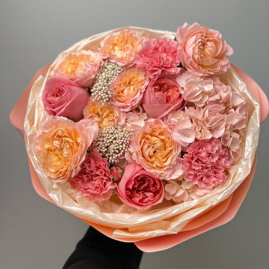 Pink peony-shaped roses with hydrangea and dianthus