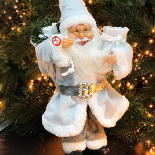 Christmas figurine Santa Claus with a gift, 15 LED, fabric white, 40 cm